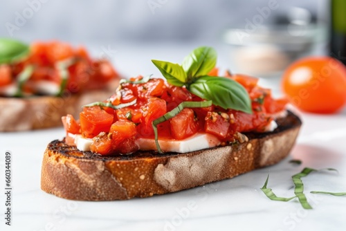 close-up of the basil-tomato topping on a bruschetta resting on a marble surface