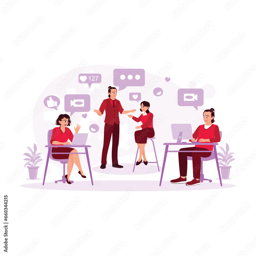 Happy young friends creating streaming content in the studio. Content Creator concept. Trend Modern vector flat illustration Happy young friends creating streaming content in the studio. Content Creator concept. Trend Modern vector flat illustration
