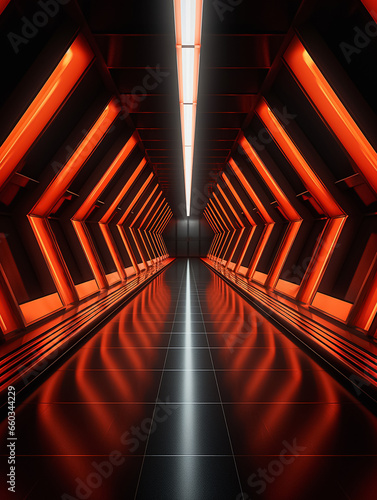 Futuristic Symmetrical Tunnel With Red Neon Lights (ID: 660344229)