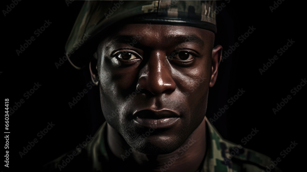 African man wearing camouflage uniform. Portrait of Black Soldier. Generative Ai African man wearing camouflage uniform. Portrait of Black Soldier. Generative Ai