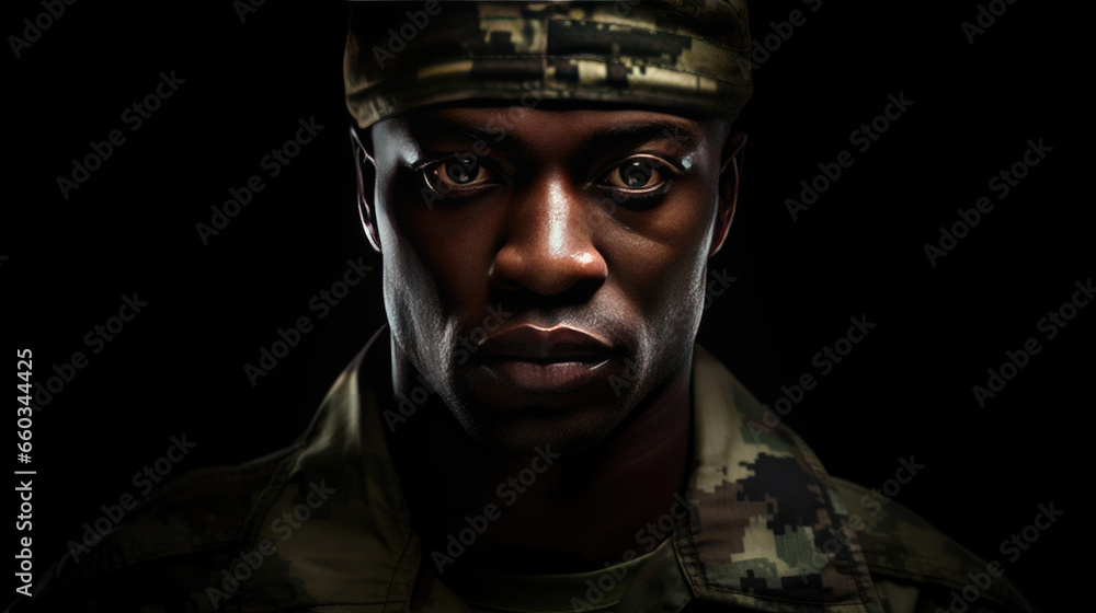 African man wearing camouflage uniform. Portrait of Black Soldier. Generative Ai African man wearing camouflage uniform. Portrait of Black Soldier. Generative Ai