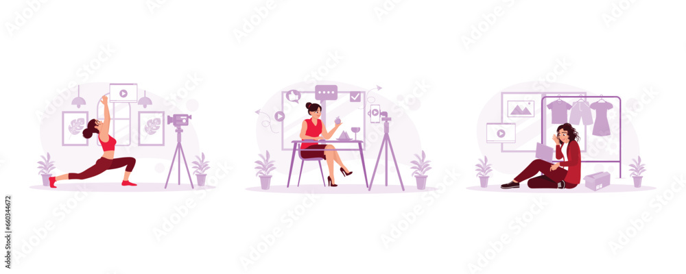 Fitness vlogger live broadcast. Female blogger showing healthy food. Recording a video of the clothing collection in the shop. Blogger concept. set trend modern vector flat illustration