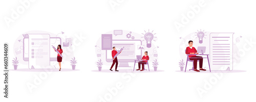Write ideas on a large piece of paper. Man looking for ideas for his latest book. Write content for financial report presentations. Content Writer concept. set trend modern vector flat illustration