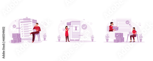 Confirming order delivery. Confirm order. Online orders have been accepted. Order Confirmation concept.  Set Trend Modern vector flat illustration