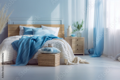 Modern cozy bedroom with blue  beige colors and wooden texture. 