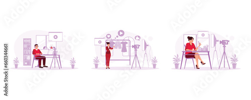 Social media broadcasting. Sell ​​by streaming live in front of the camera. Latest trending makeup tutorials. Blogger concept. set trend modern vector flat illustration