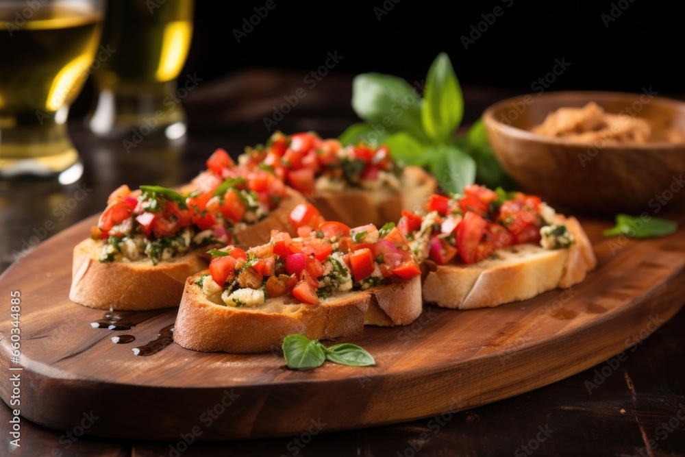 bruschetta with hummus served on a wooden board