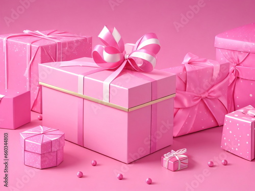 Christmas gift boxes. realistic 3d pink gifts boxes, pink background, celebration, bithday gifts