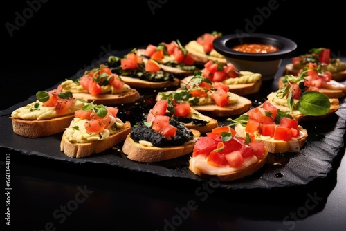 an assortment of bruschetta with hummus on a stylish black plate