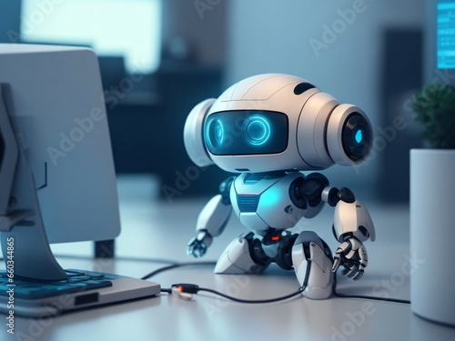 Tiny futuristic robot analyzing data on a futuristic office, office work, future, robot, technology, artificial inteligence