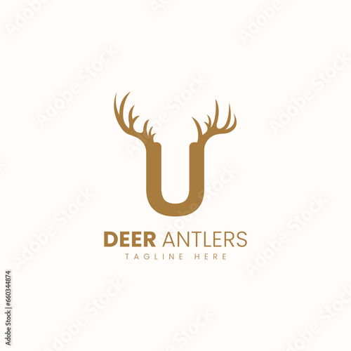Letter U with Deer Antlers Logo Vector Image. Hunting Logo Inspirations