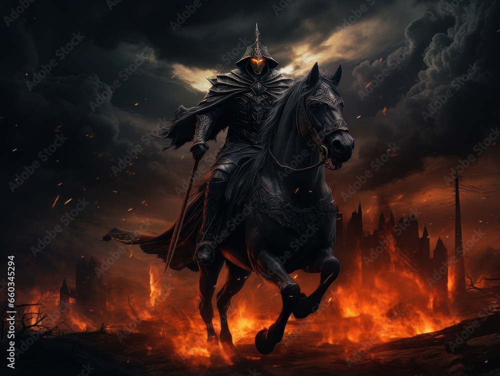 Black horseman of the apocalypse with sword riding black horse AI