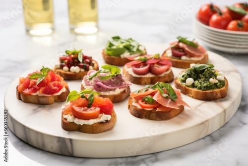 arranged bruschettas on a round marble serving board