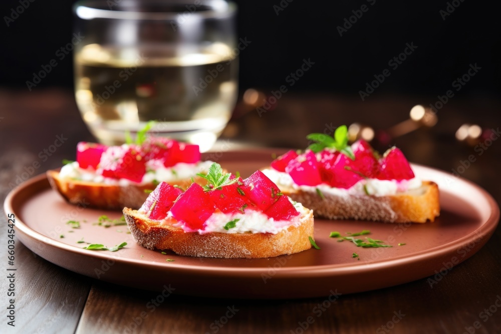 a pair of radish bruschettas on a glass plate