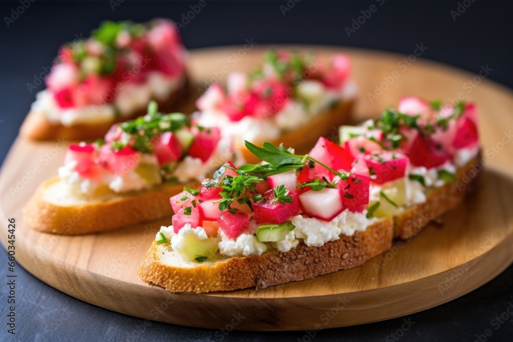 close shot of bruschetta with radish cut in various shapes