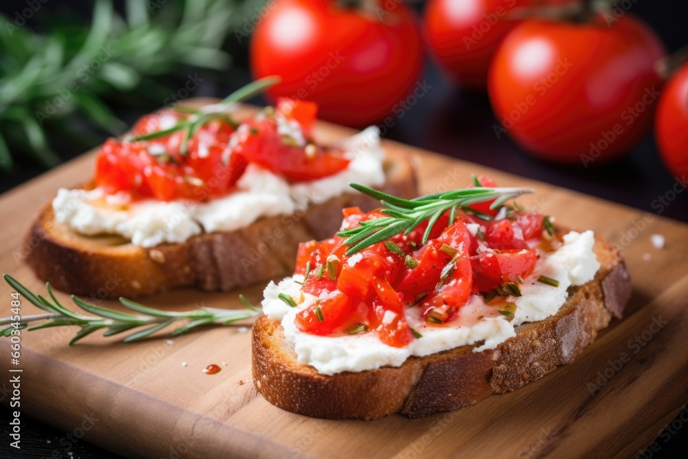bruschetta with ricotta served with a rosemary sprig on top