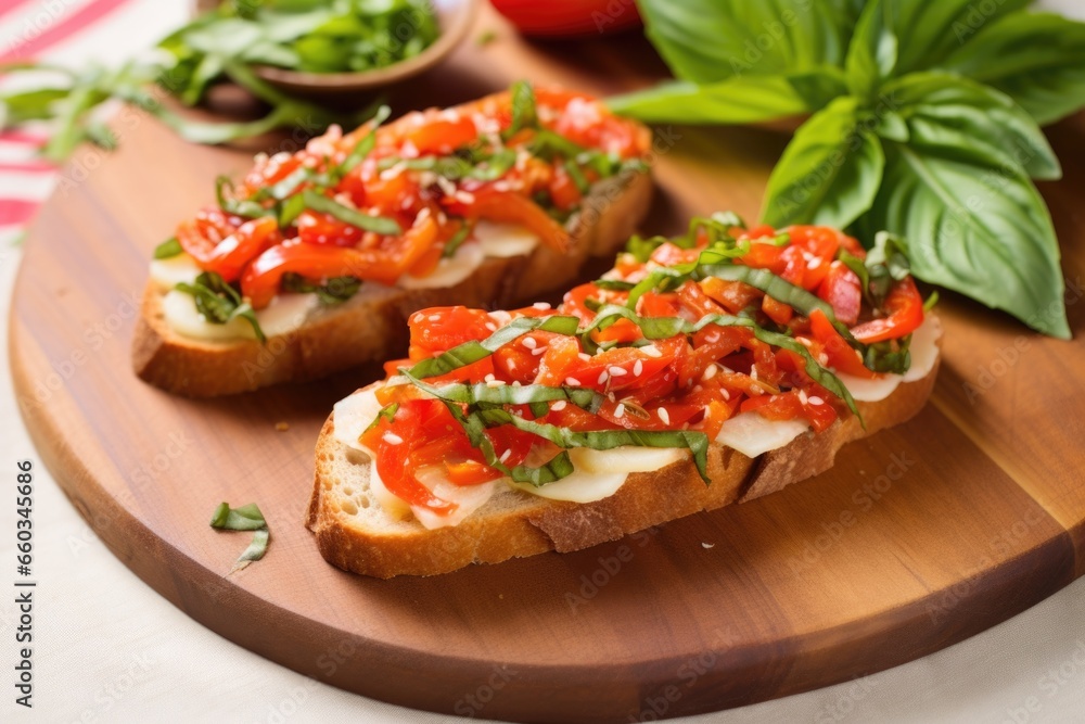 bruschetta on a bamboo mat alongside basil leaves and whole peppers