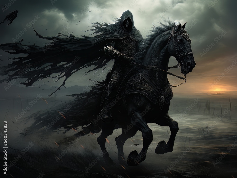 Black horseman of the apocalypse with sword riding black horse AI Black horseman of the apocalypse with sword riding black horse AI
