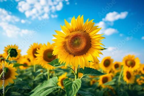 Beautiful sunflower field under blue sky with clouds on sunny day