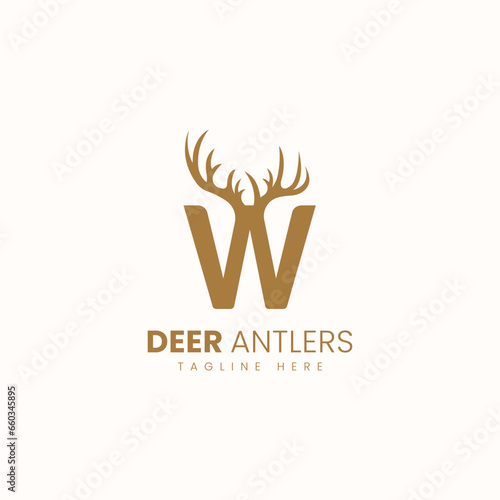 Letter W with Deer Antlers Logo Vector Image. Hunting Logo Inspirations
