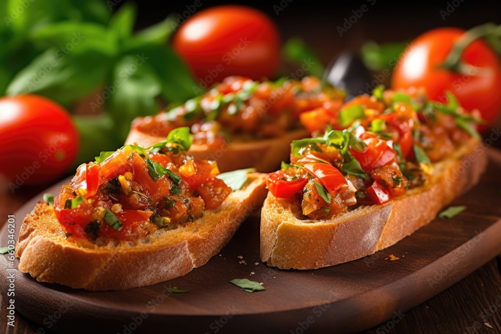 closeup of bruschetta prepared with smoked gouda and tomatoes