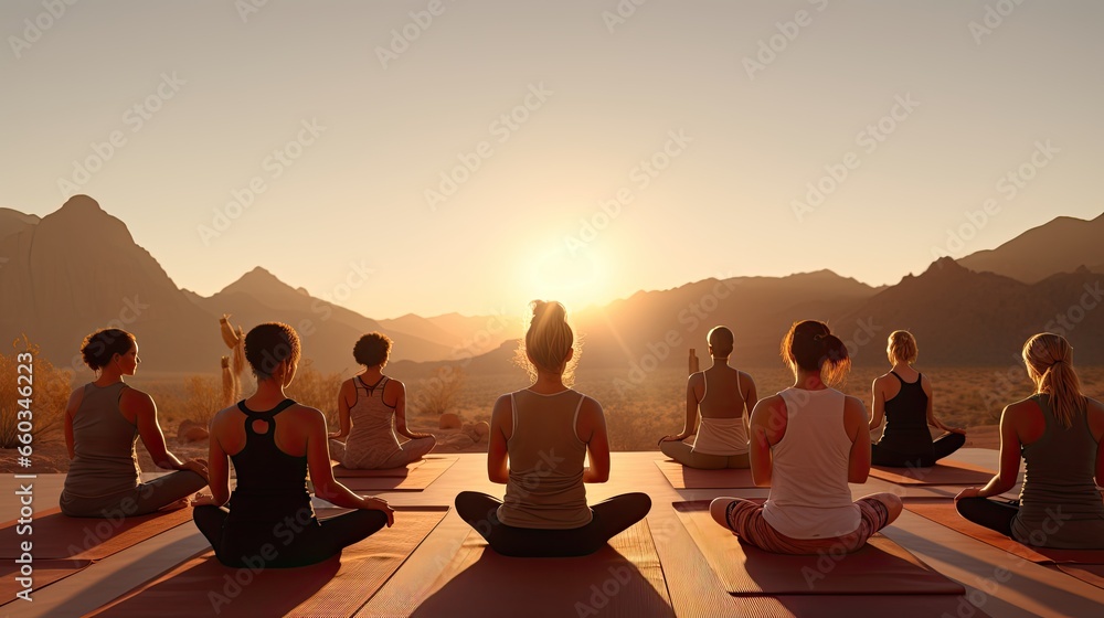 Fototapeta premium A tranquil desert yoga practice ultra realistic illustration - Generative AI.