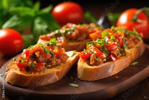 closeup of bruschetta prepared with smoked gouda and tomatoes