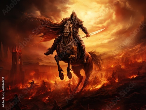 Black horseman of the apocalypse with sword riding black horse AI © Vitalii But