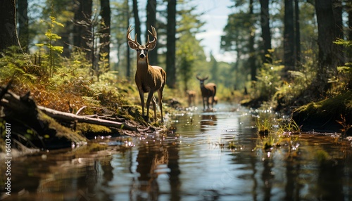 Deers in the forest. Deer in a green forest with a lake. Deer in a lake. Spring time forest with wildlife in it. Deers. Wildlife in the woods © Divid