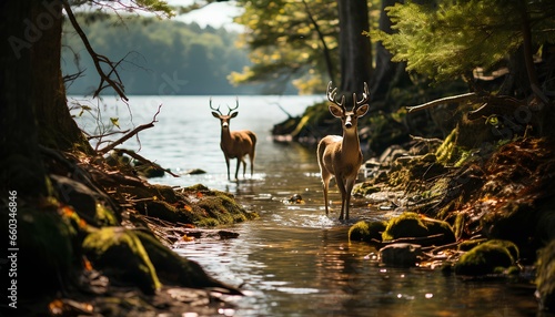 deer in the river. Deers in the forest. Deer in a green forest with a lake. Deer in a lake. Spring time forest with wildlife in it. Deers. Wildlife in the woods