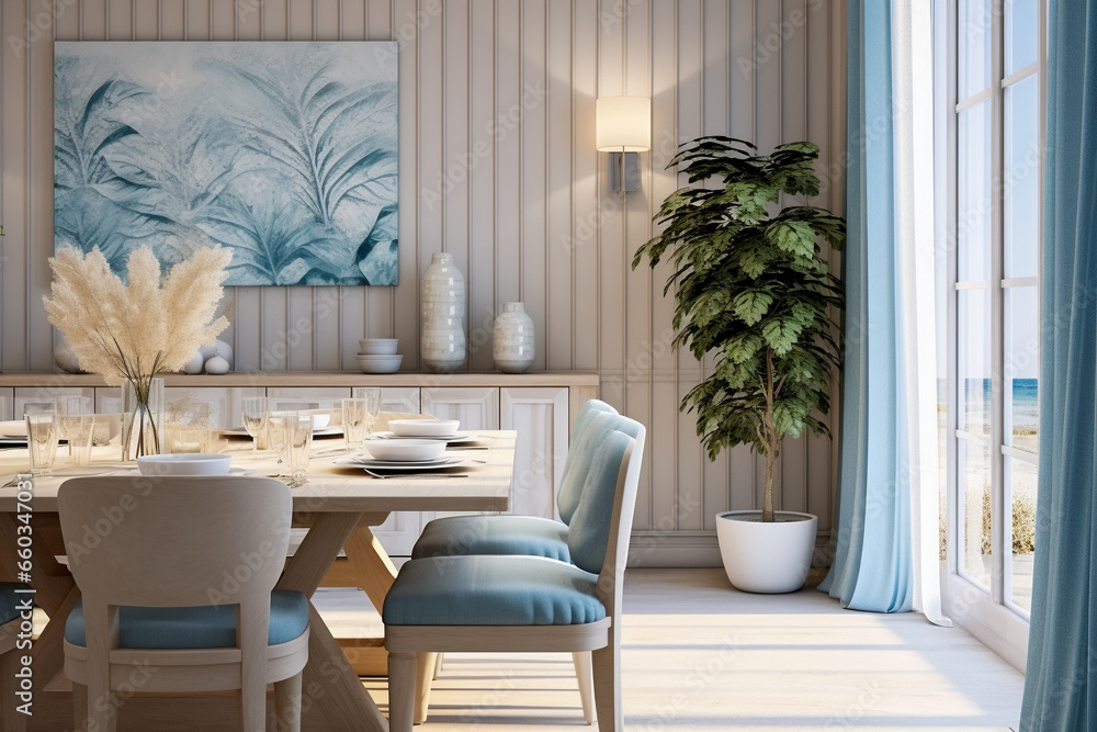 Obraz premium Modern cozy kitchen interior design with blue, beige colors and wooden texture