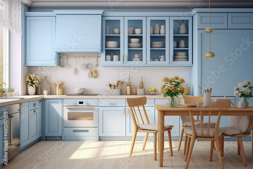 Modern cozy kitchen interior design with blue, beige colors and wooden texture