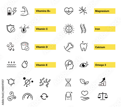 Vitality icon set for human-improving products. The outline icons are well scalable and editable. Contrasting elements are good for different backgrounds. EPS10.