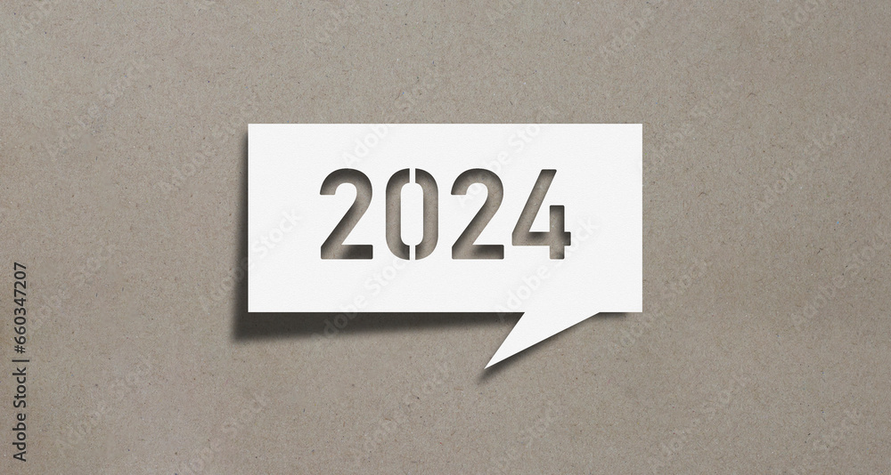 2024 New Year greeting card. Simple, clean design with cut paper on a brown background. Business and company sign, tranquility, ecology, elegance with copy space.