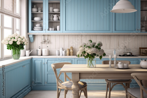 Modern cozy kitchen interior design with blue, beige colors and wooden texture
