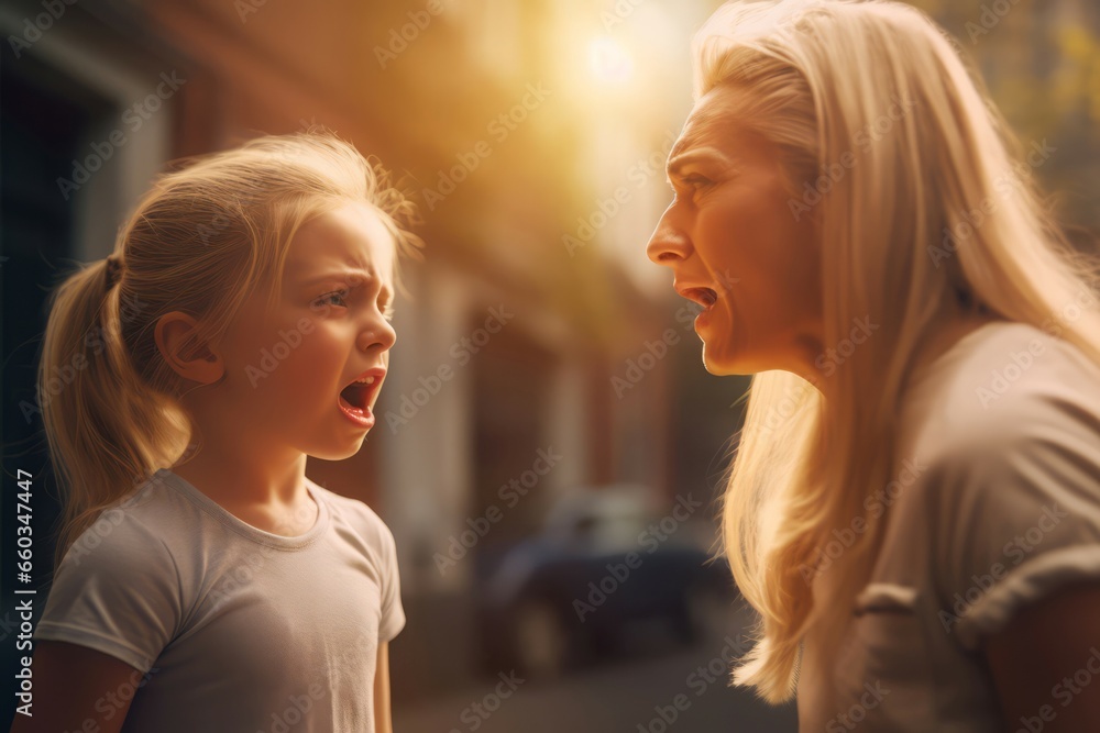 Mother and daughter screaming in face of fear. Family old conflict, social problem. Generate Ai Mother and daughter screaming in face of fear. Family old conflict, social problem. Generate Ai