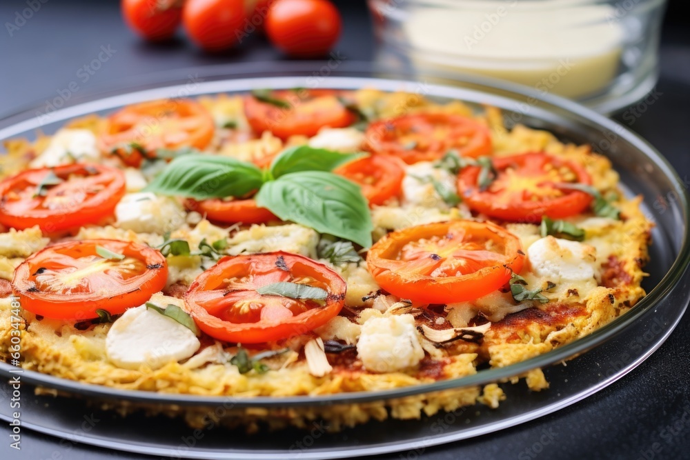 cauliflower pizza displayed in a glass tray cauliflower pizza displayed in a glass tray