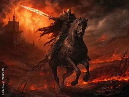 Black horseman of the apocalypse with sword riding black horse AI