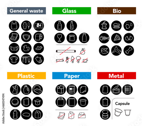 Ready sets of icons for separating trash. Vector elements are made with high contrast, well suited to different scales and on different media. Ready for use in your design. EPS10.