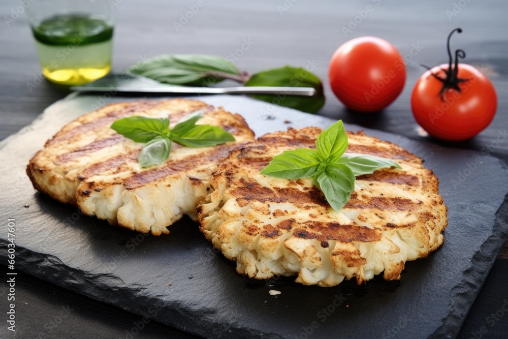 a pair of cauliflower steaks on a rustic stone plate a pair of cauliflower steaks on a rustic stone plate