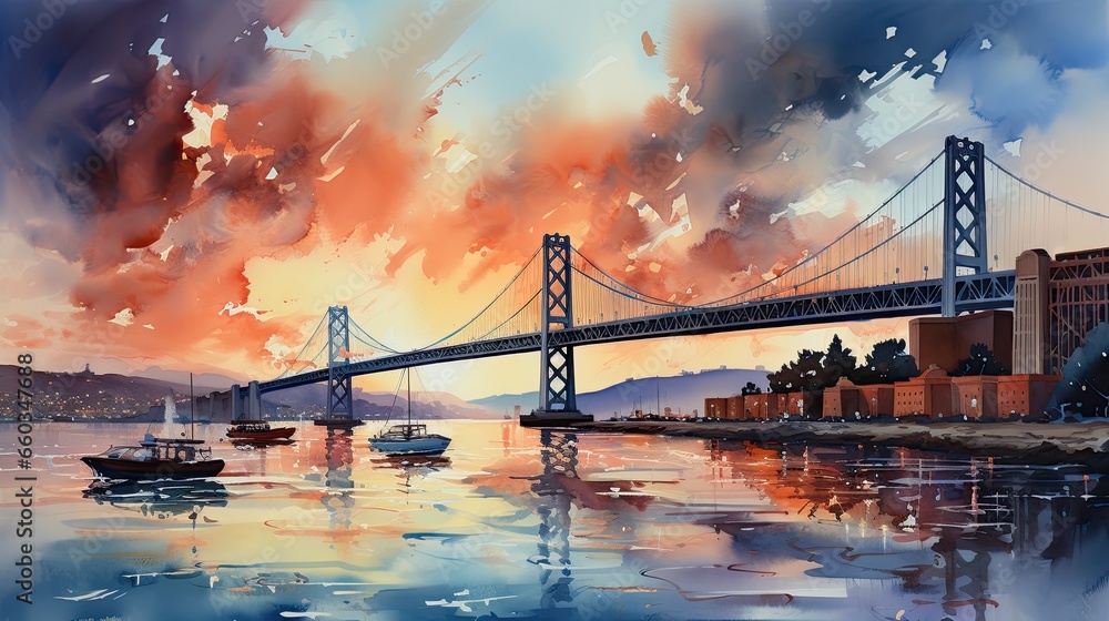 Obraz premium Beautiful watercolors of San Francisco Bay.