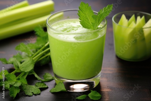 glass of celery juice with celery leaves as garnish