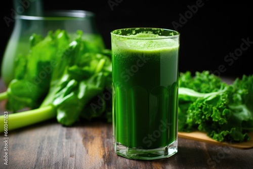 freshly cut celery beside a dark green juice in a tall glass