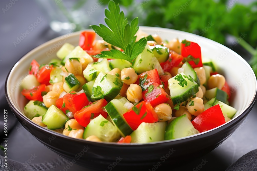 close-up of chickpea salad with fresh cucumber and tomato
