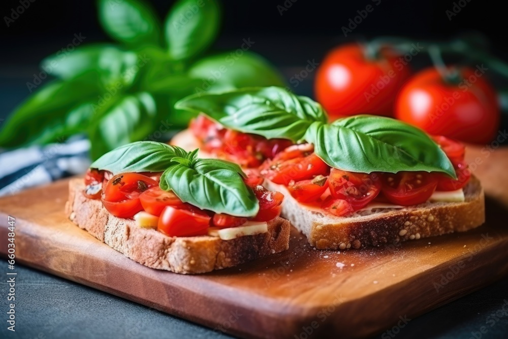 bread slices with tomatoes and basil under bright natural light
