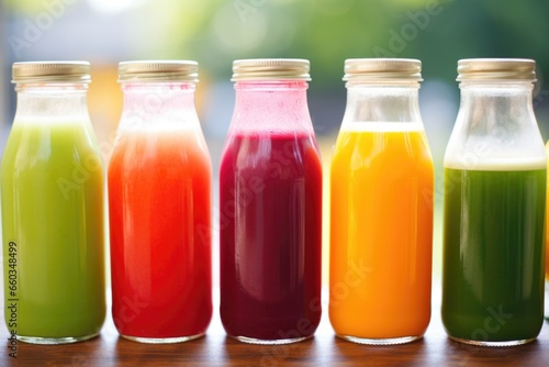 a close-up shot of rainbow-colored cold pressed juices