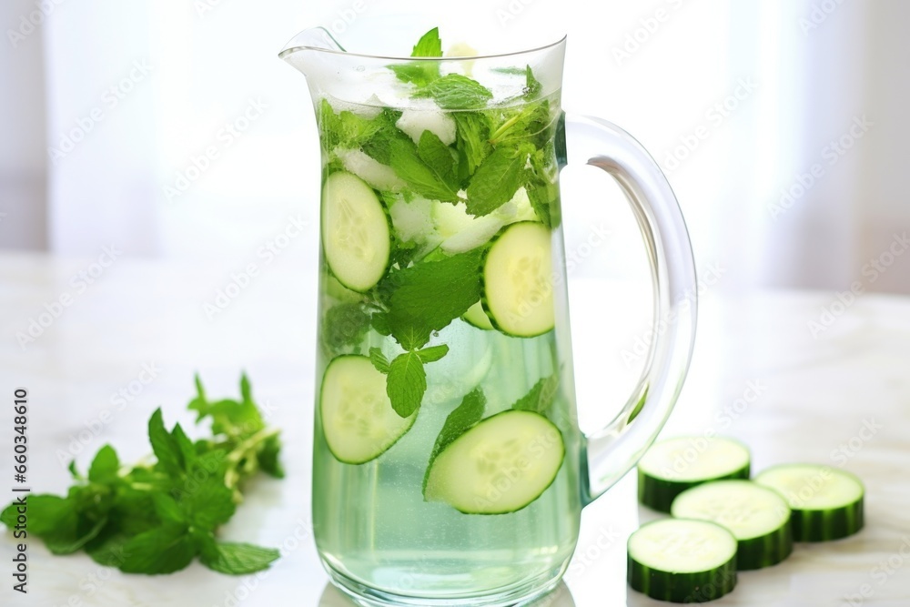 detail of cucumber and mint pieces floating in a water pitcher detail of cucumber and mint pieces floating in a water pitcher