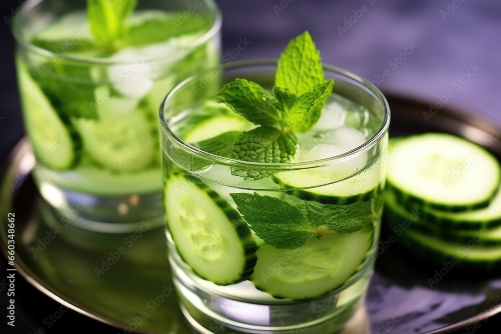 close-up detail of cucumber slices and mint in a transparent glass