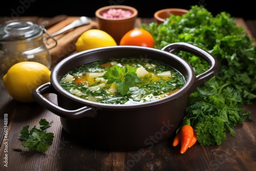 hot detox soup with fresh vegetables on a rustic table