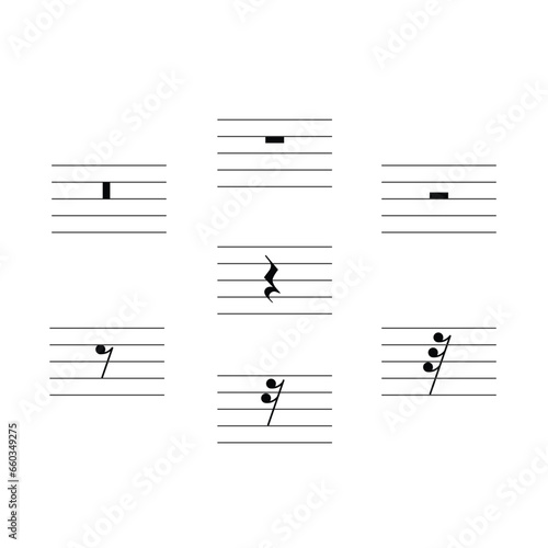 Rest symbol set flat vector isolated on white background. Musical symbol. Musical notation. For learning music